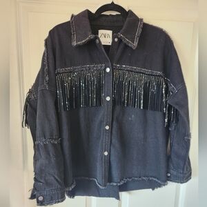 Zara Dark Denim Jacket with Fringe